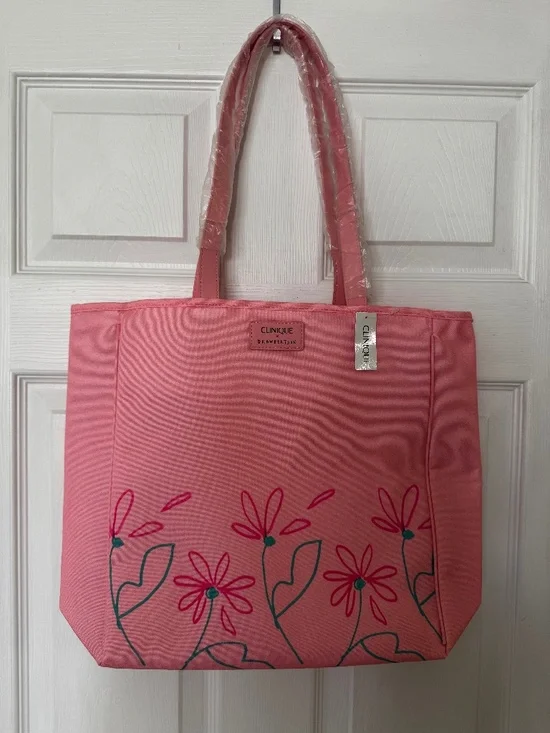 Clinique Pink Tote Bag and Cosmetic Bag set Drawbertson Flower Design NWT - Picture 2 of 7